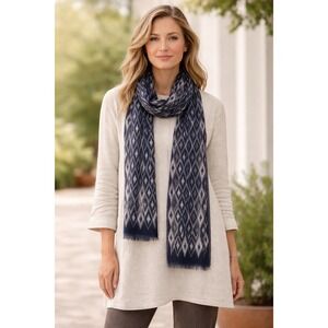 J. Jill Ikat Diamond Pattern Scarf Blue Purple  Cotton Lightweight Fringe